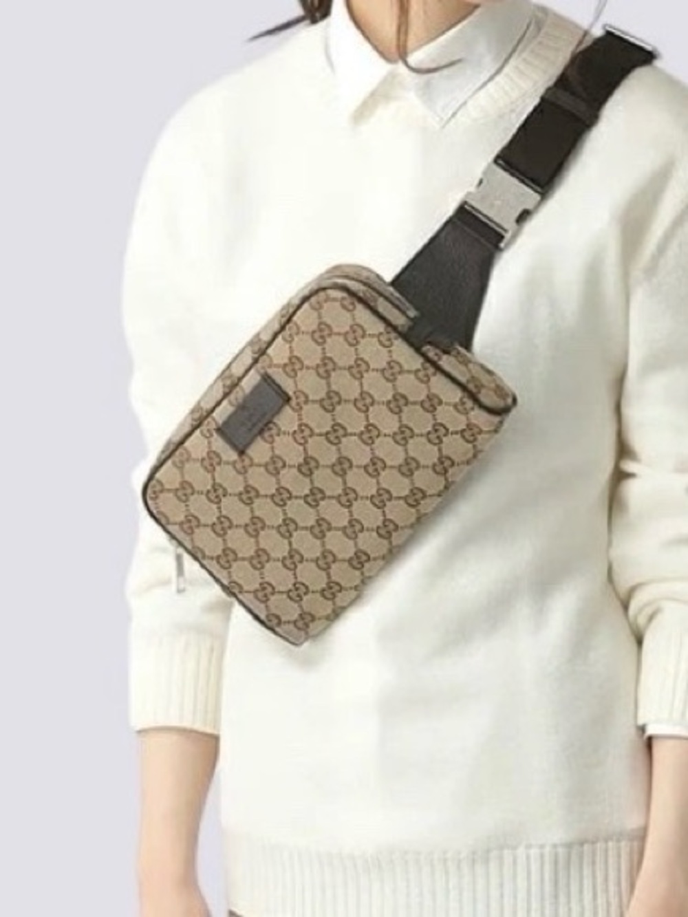 Gucci Beige Monogram Canvas Belt Bag with Brown Trim - Picture 3 of 13